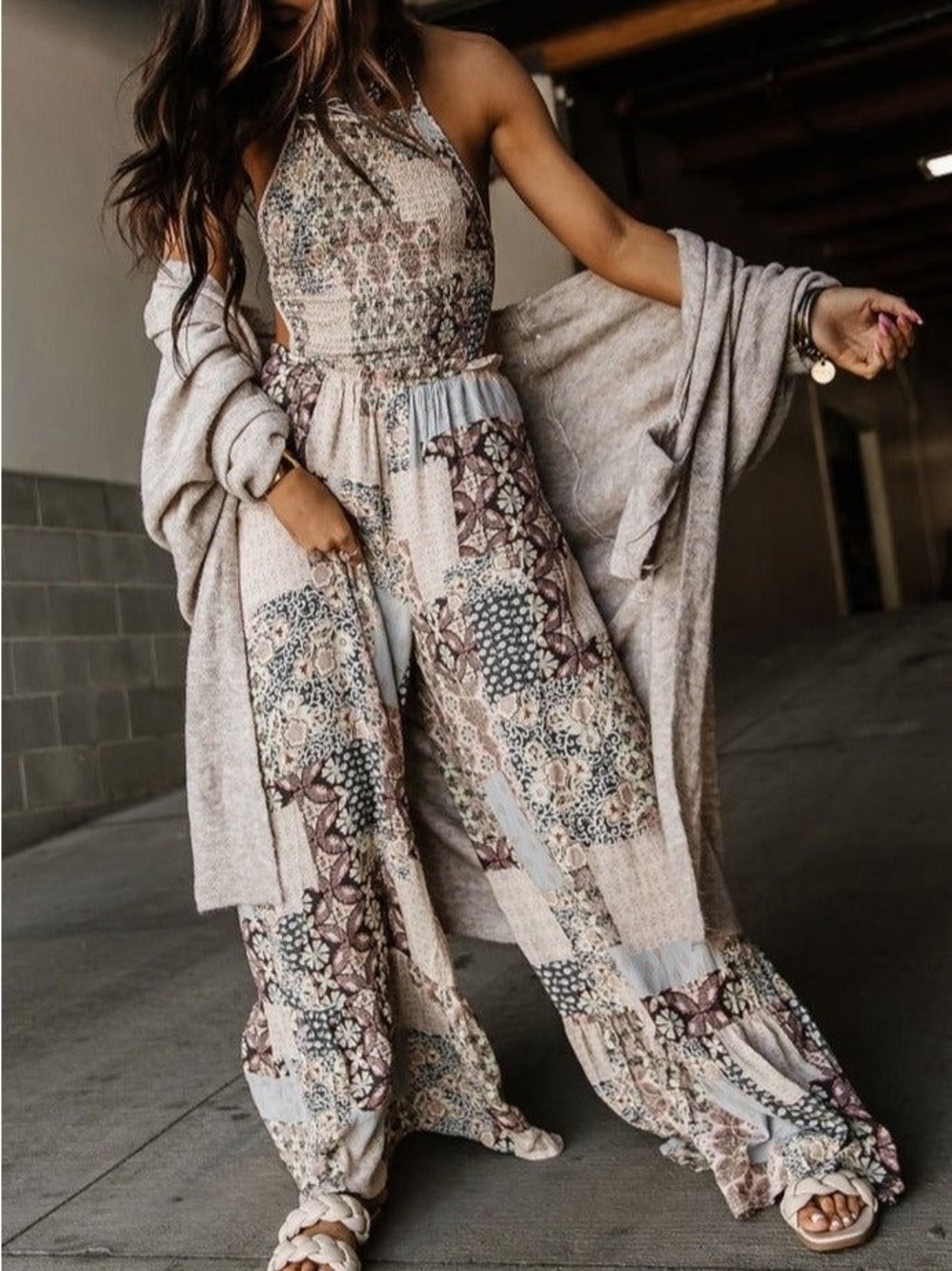 ILLA ILLA Neutral Patchwork Halter Jumpsuit in Beige and Taupe